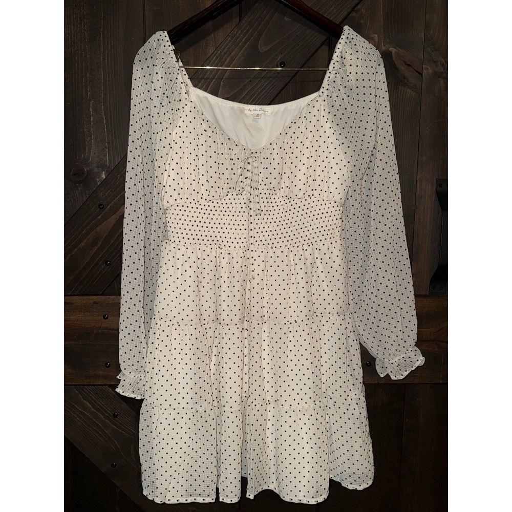 By the‎ River Women's Peasant Dress Long Sleeve Polka Dot Black Off White Size M